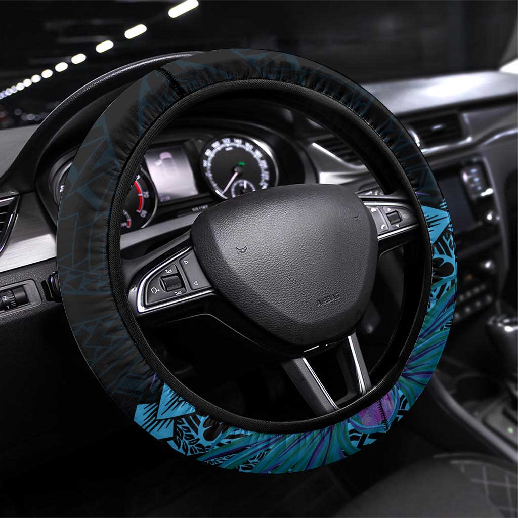Blue Nauru Steering Wheel Cover Naoero Map With Polynesian Tropical Flowers LT14 Universal Fit Blue - Polynesian Pride
