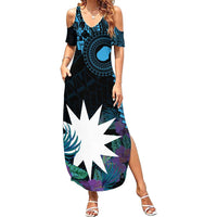 Blue Nauru Summer Maxi Dress Naoero Map With Polynesian Tropical Flowers LT14 Women Blue - Polynesian Pride