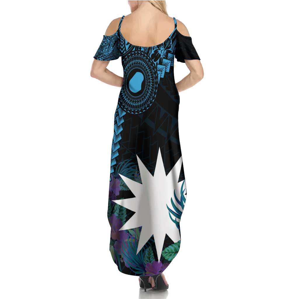 Blue Nauru Summer Maxi Dress Naoero Map With Polynesian Tropical Flowers LT14 - Polynesian Pride