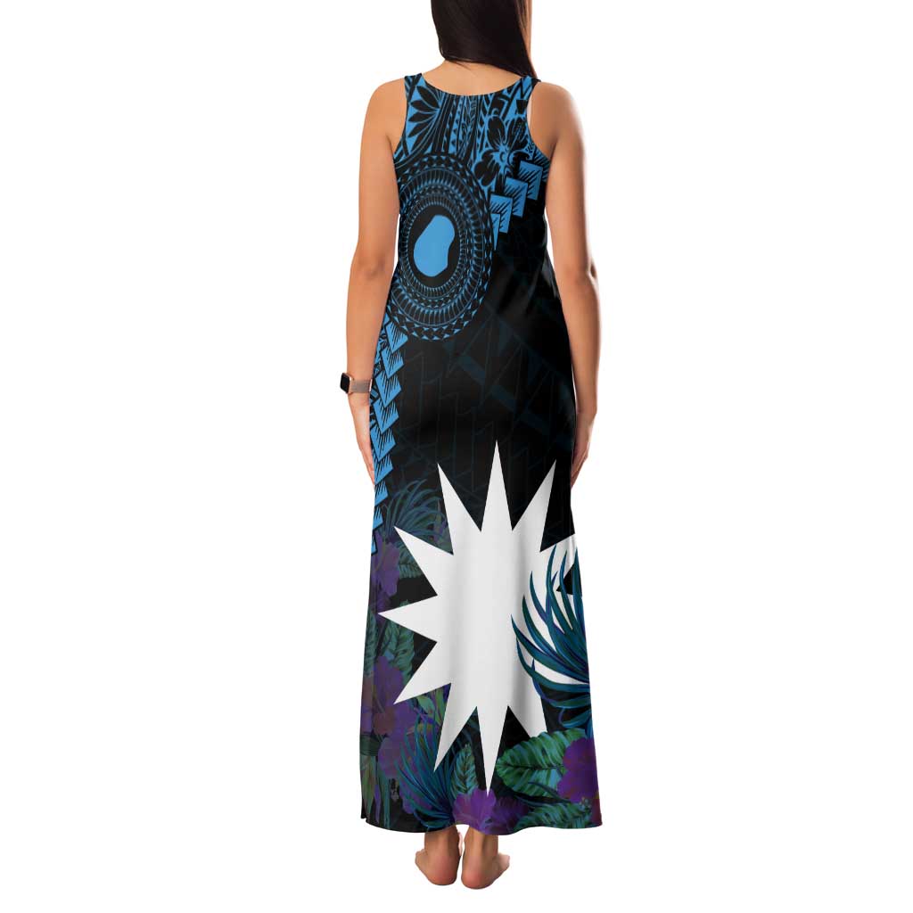 Blue Nauru Tank Maxi Dress Naoero Map With Polynesian Tropical Flowers LT14 - Polynesian Pride