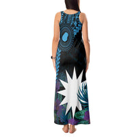 Blue Nauru Tank Maxi Dress Naoero Map With Polynesian Tropical Flowers LT14 - Polynesian Pride