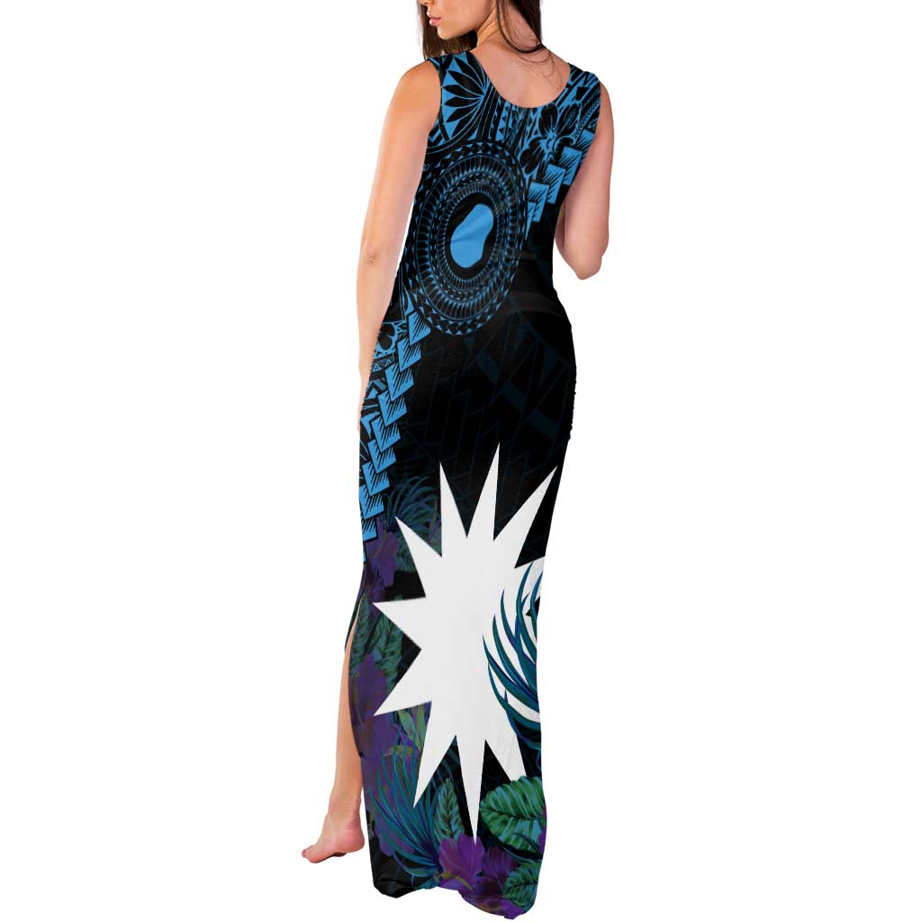 Blue Nauru Tank Maxi Dress Naoero Map With Polynesian Tropical Flowers LT14 - Polynesian Pride