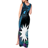 Blue Nauru Tank Maxi Dress Naoero Map With Polynesian Tropical Flowers LT14 - Polynesian Pride