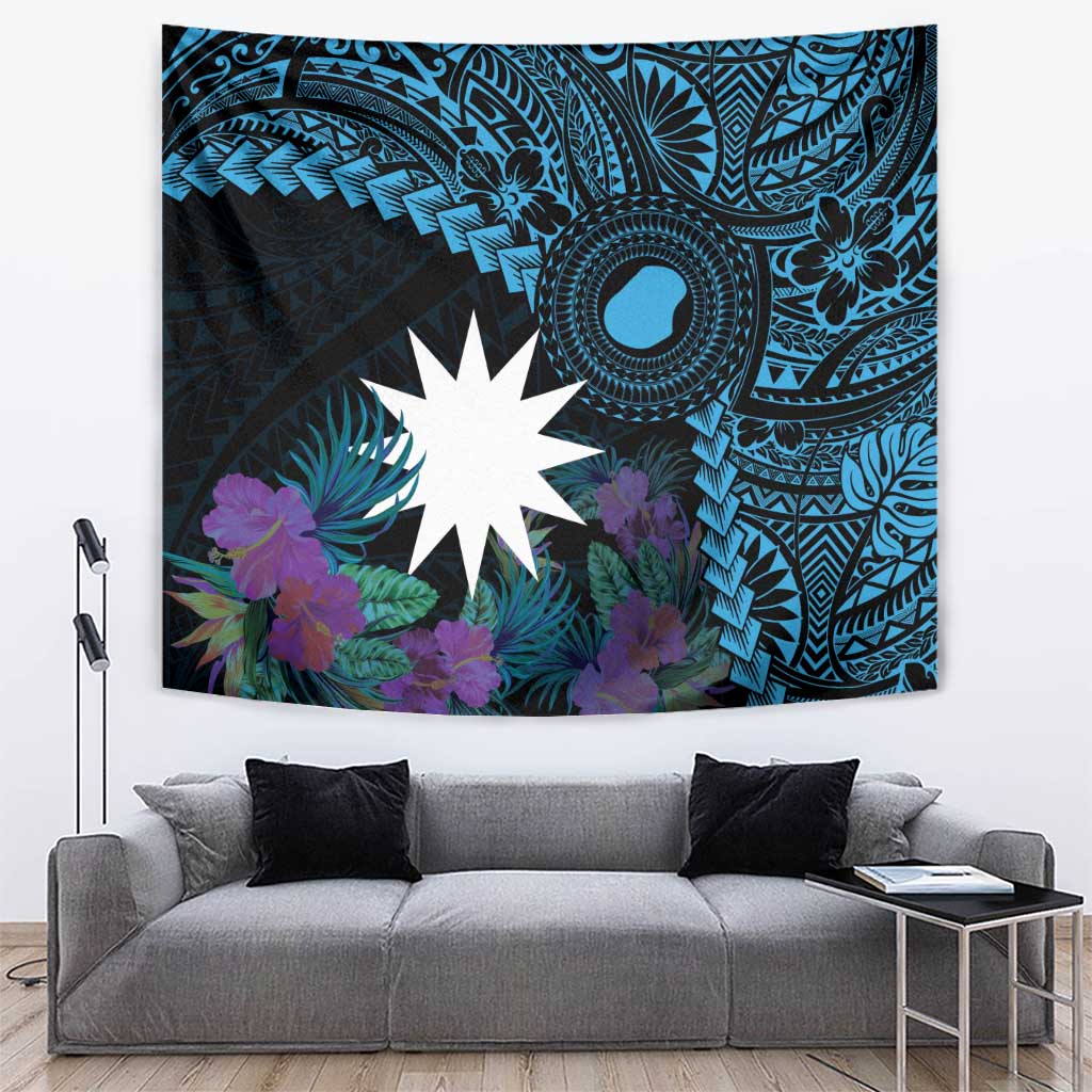 Blue Nauru Tapestry Naoero Map With Polynesian Tropical Flowers LT14 Blue - Polynesian Pride