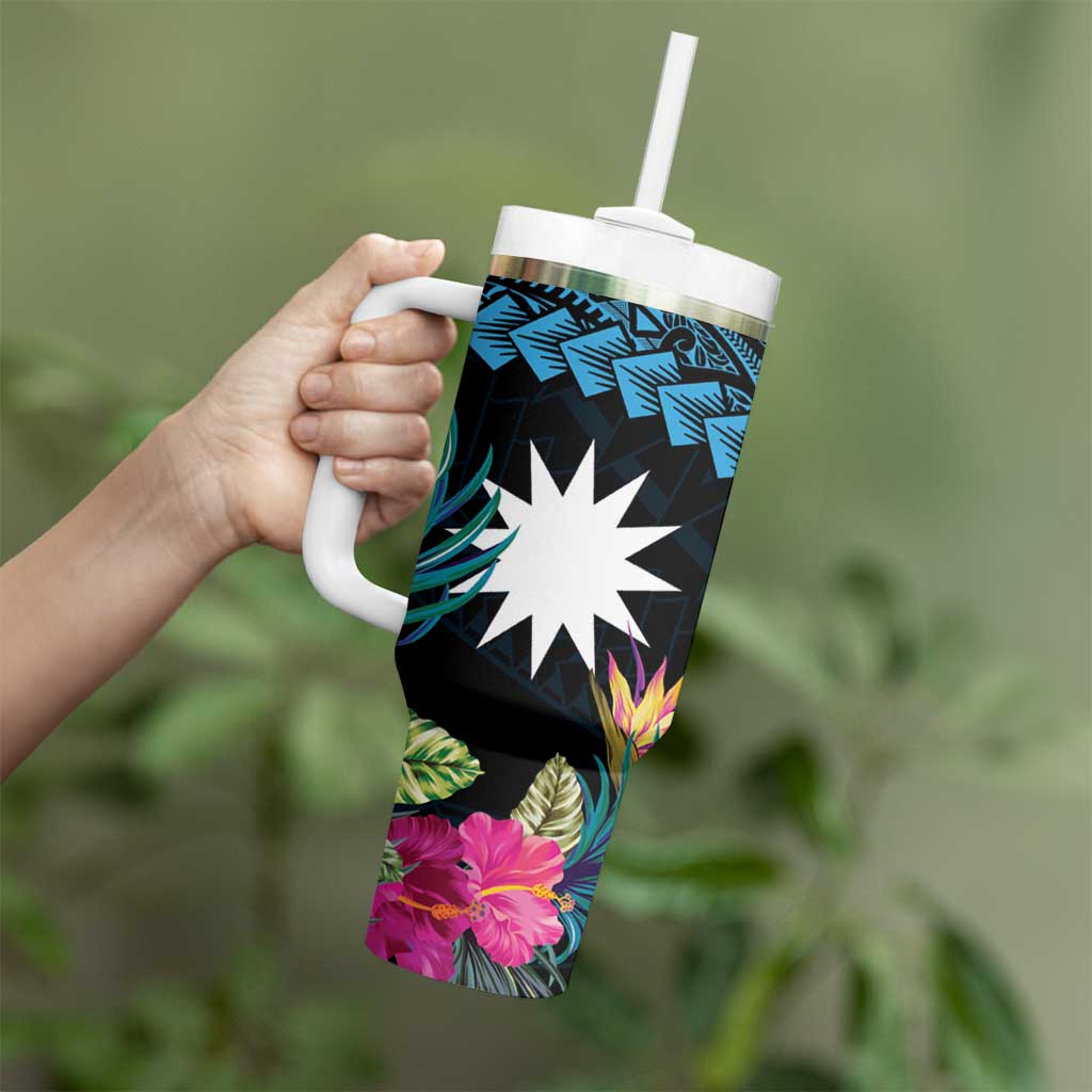 Blue Nauru Tumbler With Handle Naoero Map With Polynesian Tropical Flowers