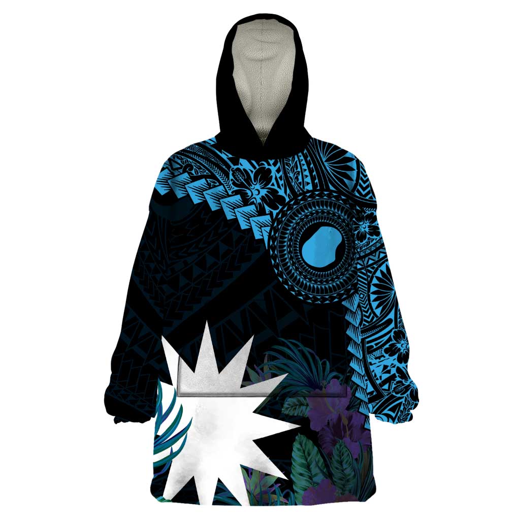 Blue Nauru Wearable Blanket Hoodie Naoero Map With Polynesian Tropical Flowers LT14 One Size Blue - Polynesian Pride