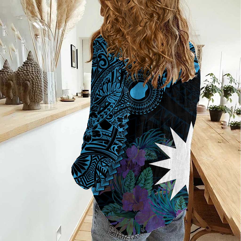 Blue Nauru Women Casual Shirt Naoero Map With Polynesian Tropical Flowers