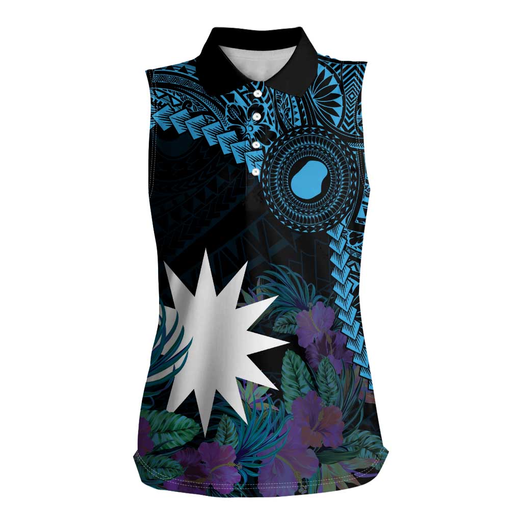 Blue Nauru Women Sleeveless Polo Shirt Naoero Map With Polynesian Tropical Flowers LT14 Female Blue - Polynesian Pride