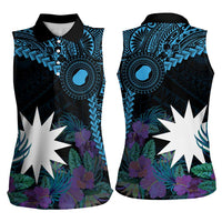 Blue Nauru Women Sleeveless Polo Shirt Naoero Map With Polynesian Tropical Flowers LT14 - Polynesian Pride