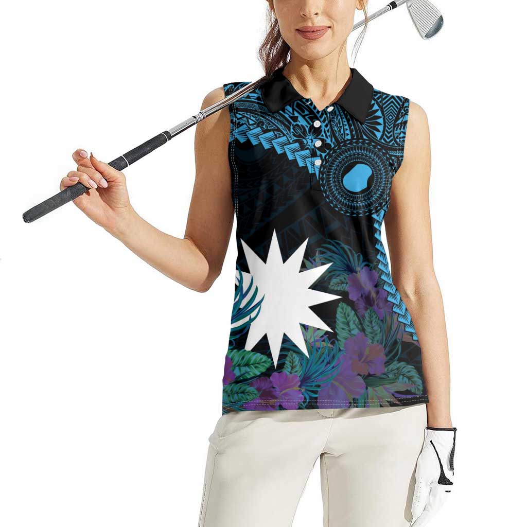 Blue Nauru Women Sleeveless Polo Shirt Naoero Map With Polynesian Tropical Flowers LT14 - Polynesian Pride
