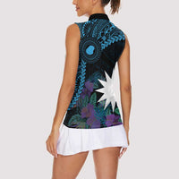 Blue Nauru Women Sleeveless Polo Shirt Naoero Map With Polynesian Tropical Flowers LT14 - Polynesian Pride