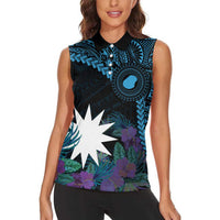 Blue Nauru Women Sleeveless Polo Shirt Naoero Map With Polynesian Tropical Flowers LT14 - Polynesian Pride