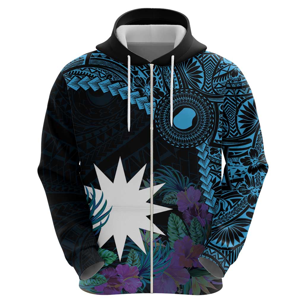 Blue Nauru Zip Hoodie Naoero Map With Polynesian Tropical Flowers LT14 - Polynesian Pride
