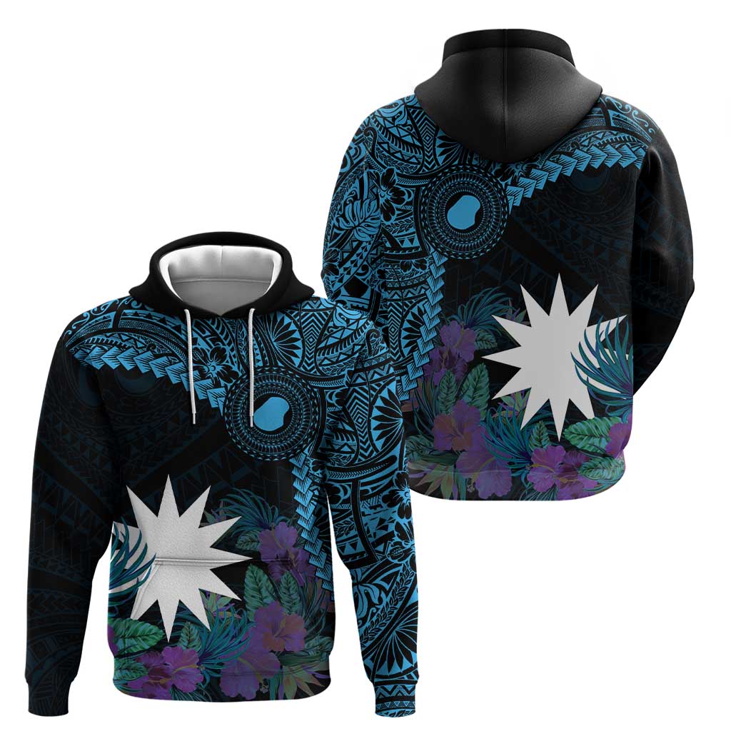 Blue Nauru Zip Hoodie Naoero Map With Polynesian Tropical Flowers LT14 - Polynesian Pride