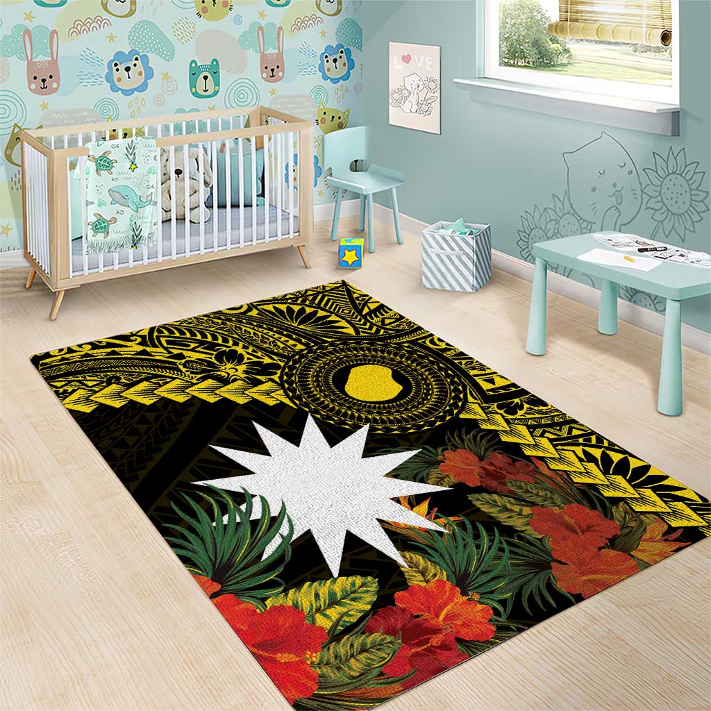 Gold Nauru Area Rug Naoero Map With Polynesian Tropical Flowers