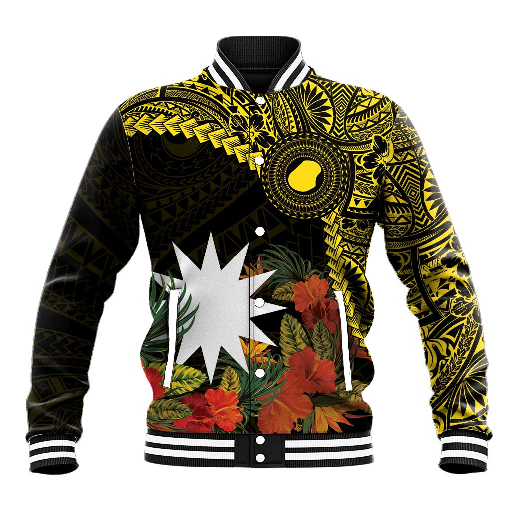 Gold Nauru Baseball Jacket Naoero Map With Polynesian Tropical Flowers LT14 Unisex Gold - Polynesian Pride