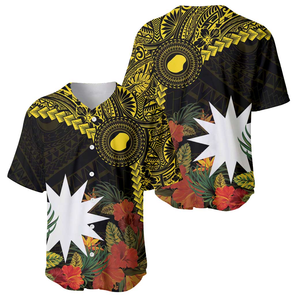 Gold Nauru Baseball Jersey Naoero Map With Polynesian Tropical Flowers LT14 - Polynesian Pride