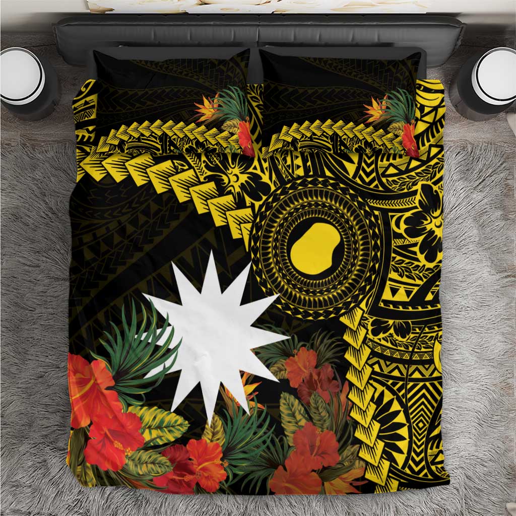Gold Nauru Bedding Set Naoero Map With Polynesian Tropical Flowers LT14 Gold - Polynesian Pride
