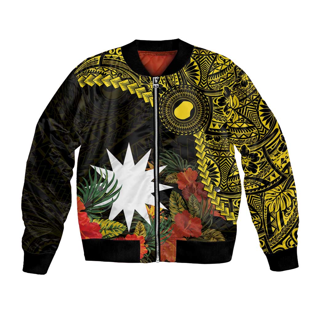 Gold Nauru Bomber Jacket Naoero Map With Polynesian Tropical Flowers LT14 Unisex Gold - Polynesian Pride