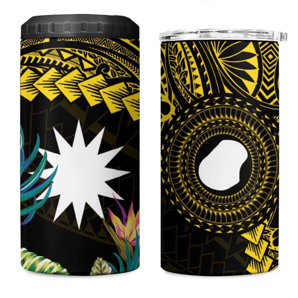 Gold Nauru 4 in 1 Can Cooler Tumbler Naoero Map With Polynesian Tropical Flowers LT14 One Size: 16 oz Gold - Polynesian Pride