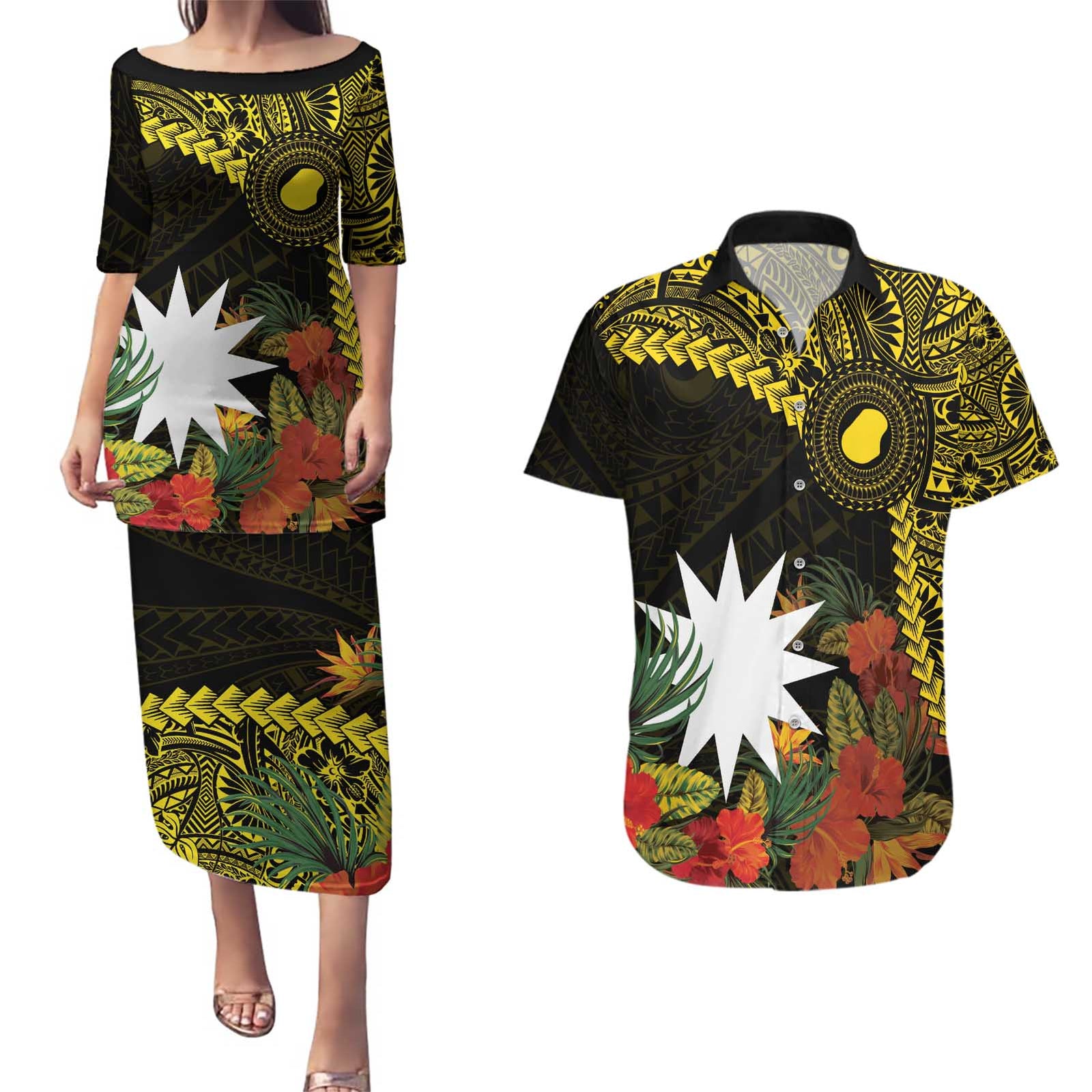 Gold Nauru Couples Matching Puletasi and Hawaiian Shirt Naoero Map With Polynesian Tropical Flowers LT14 Gold - Polynesian Pride