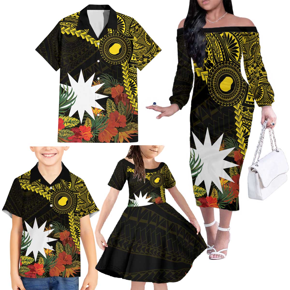 Gold Nauru Family Matching Off The Shoulder Long Sleeve Dress and Hawaiian Shirt Naoero Map With Polynesian Tropical Flowers LT14 - Polynesian Pride
