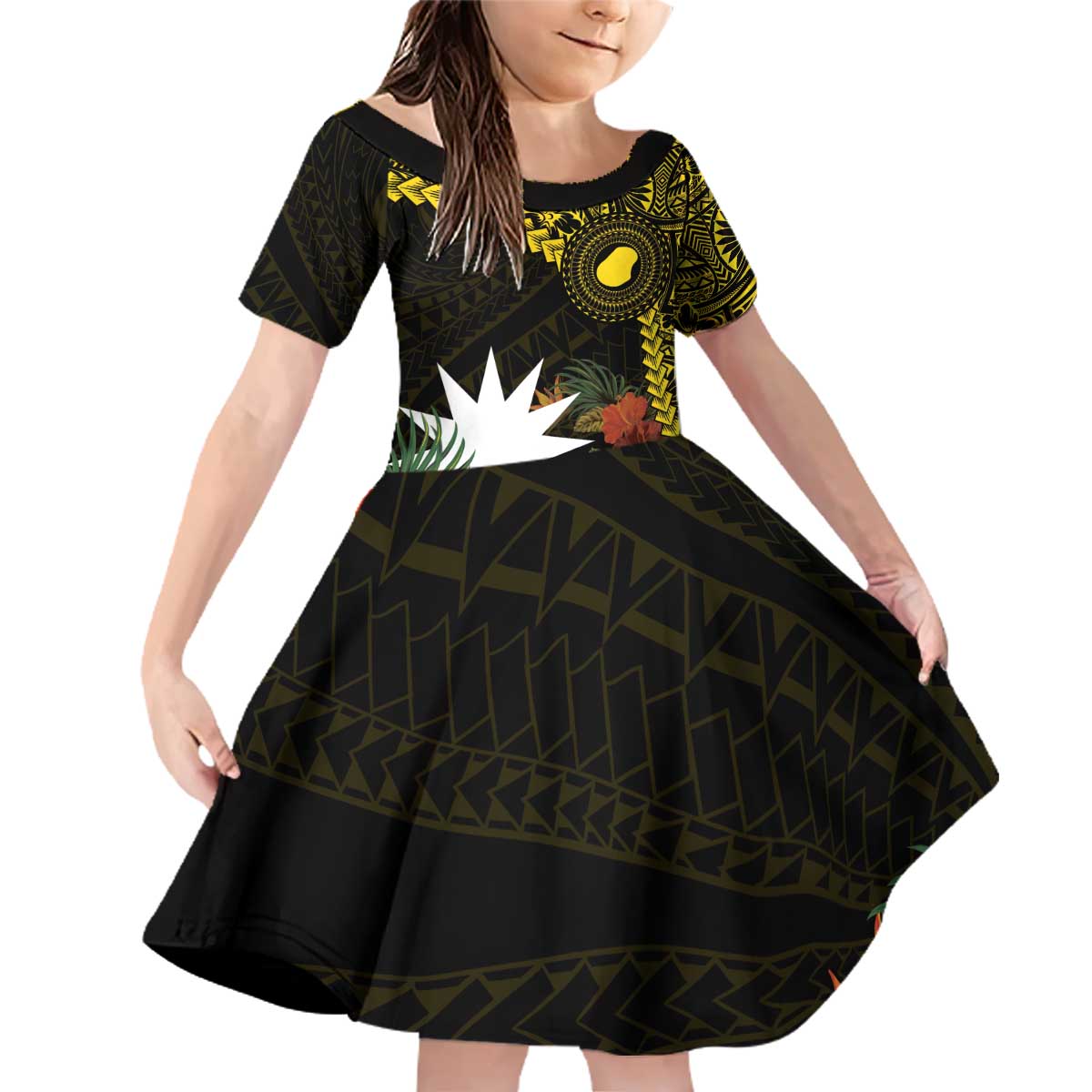 Gold Nauru Family Matching Off Shoulder Short Dress and Hawaiian Shirt Naoero Map With Polynesian Tropical Flowers