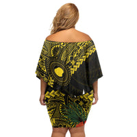 Gold Nauru Family Matching Off Shoulder Short Dress and Hawaiian Shirt Naoero Map With Polynesian Tropical Flowers