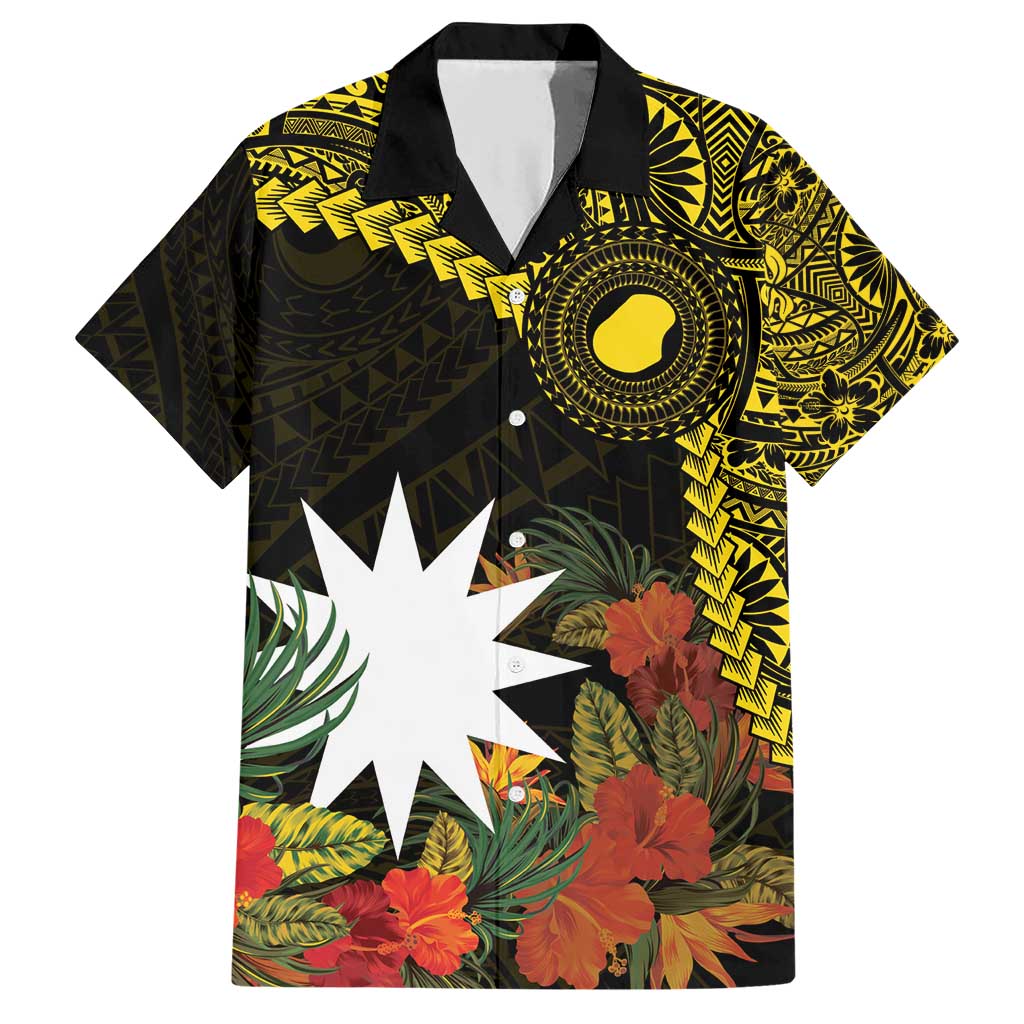 Gold Nauru Family Matching Short Sleeve Bodycon Dress and Hawaiian Shirt Naoero Map With Polynesian Tropical Flowers