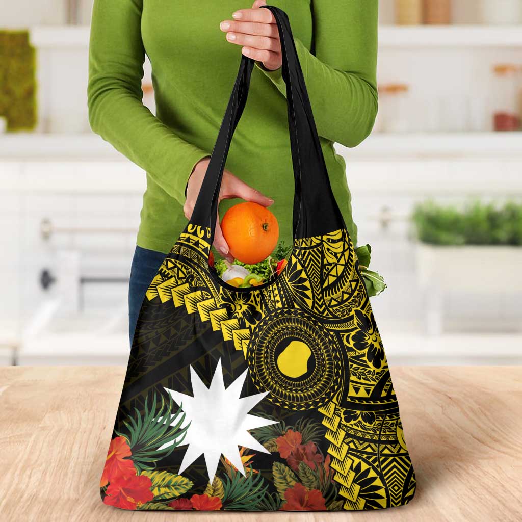 Gold Nauru Grocery Bag Naoero Map With Polynesian Tropical Flowers LT14 - Polynesian Pride