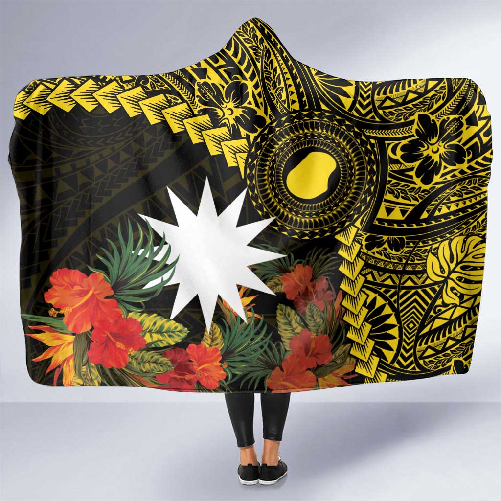 Gold Nauru Hooded Blanket Naoero Map With Polynesian Tropical Flowers LT14 One Size Gold - Polynesian Pride