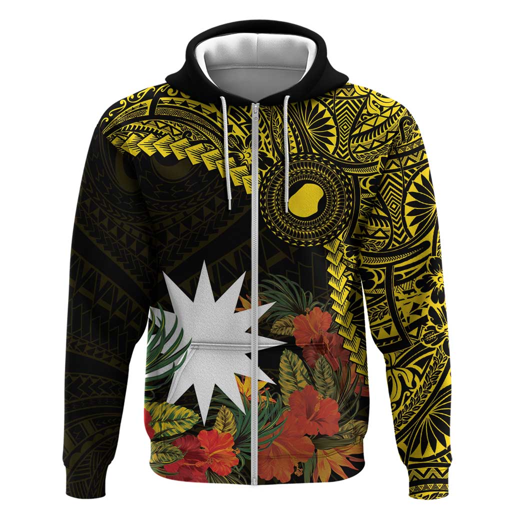 Gold Nauru Hoodie Naoero Map With Polynesian Tropical Flowers LT14 Zip Hoodie Gold - Polynesian Pride