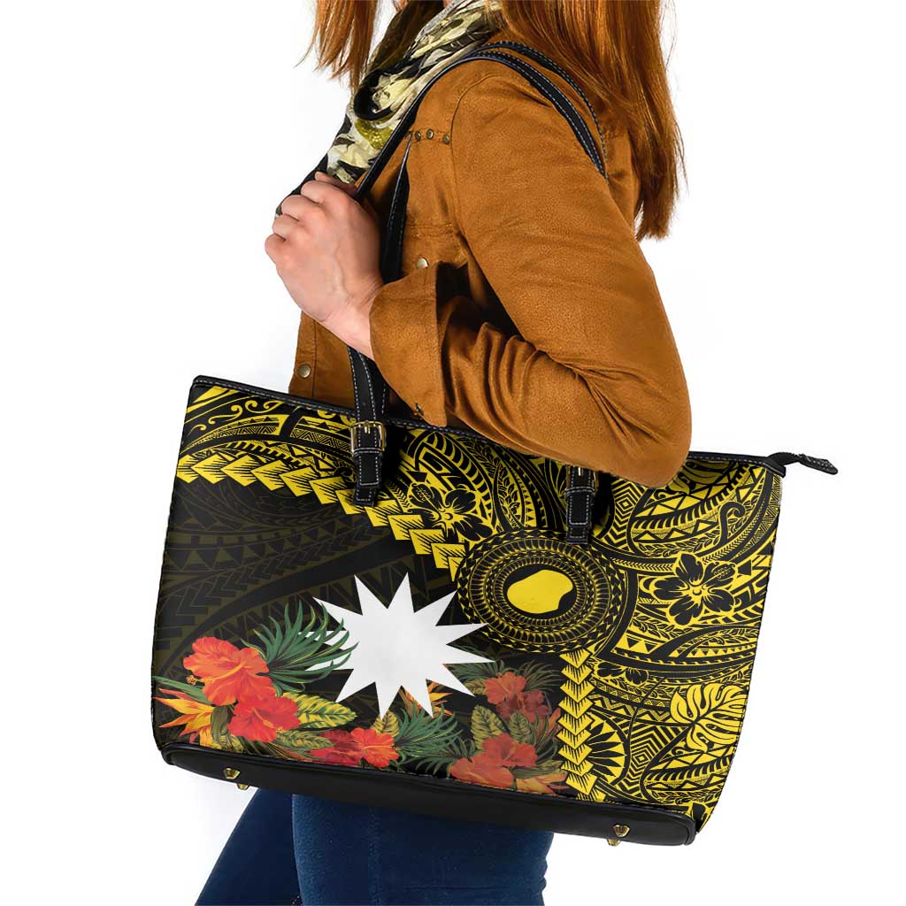 Gold Nauru Leather Tote Bag Naoero Map With Polynesian Tropical Flowers LT14 Gold - Polynesian Pride