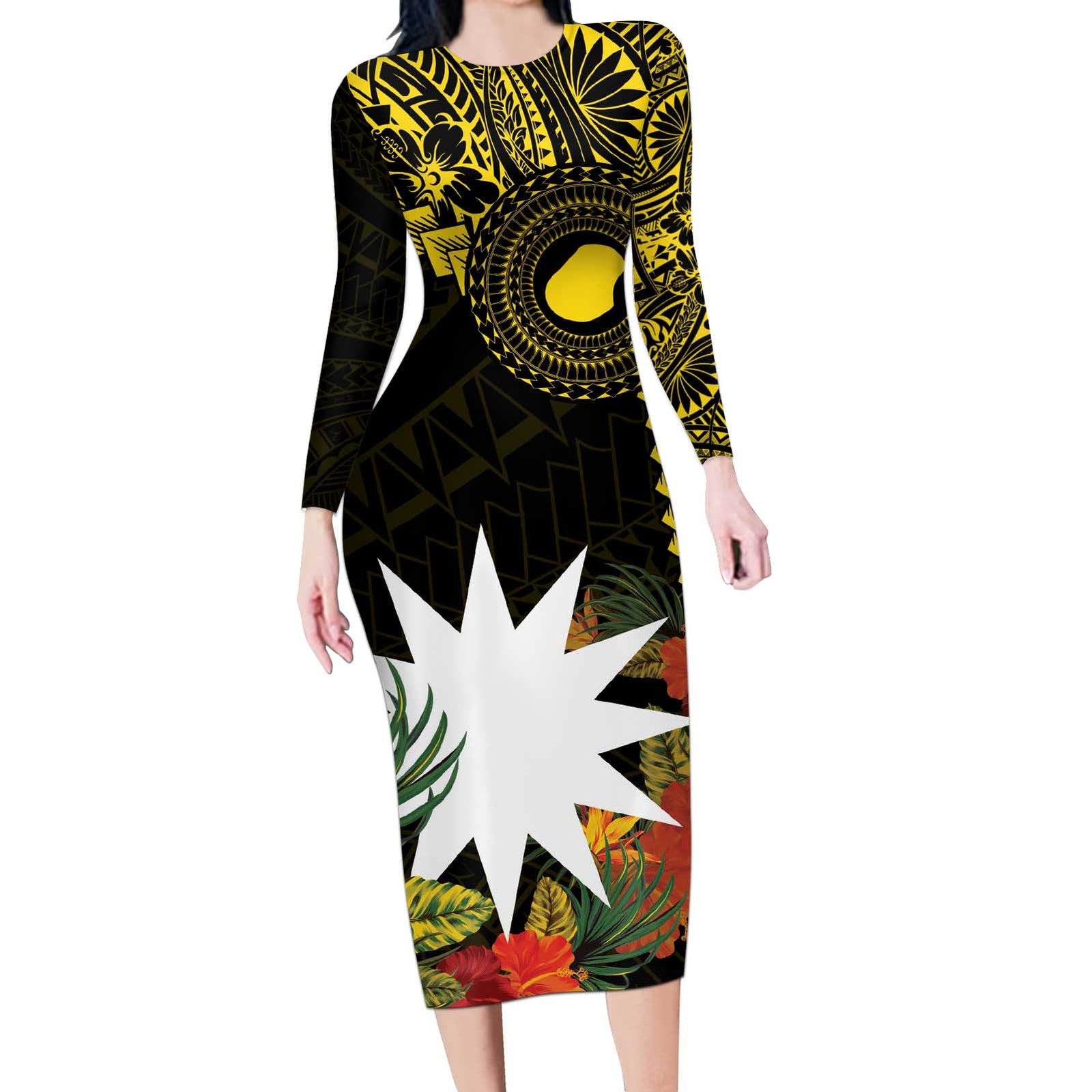 Gold Nauru Long Sleeve Bodycon Dress Naoero Map With Polynesian Tropical Flowers LT14 Long Dress Gold - Polynesian Pride