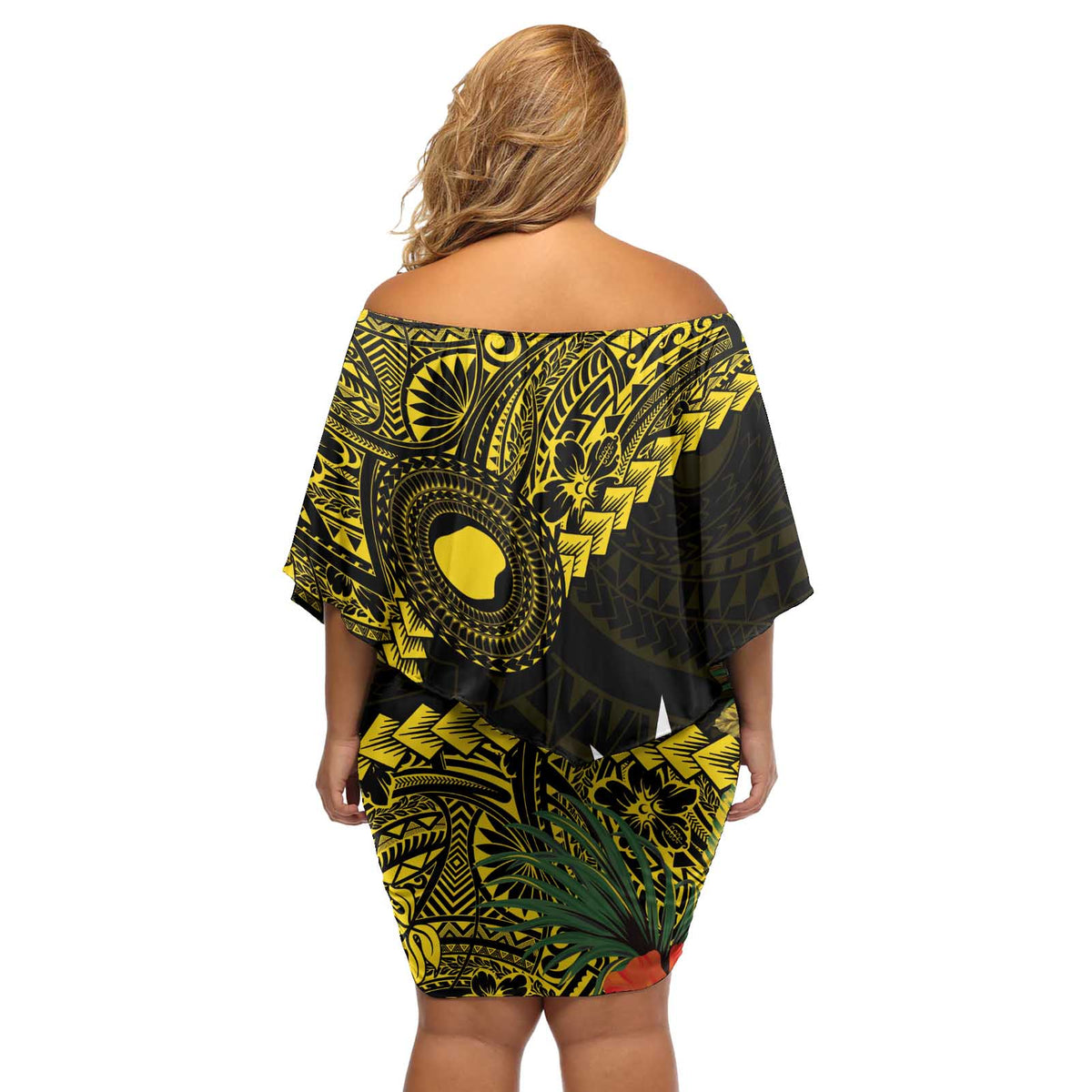 Gold Nauru Off Shoulder Short Dress Naoero Map With Polynesian Tropical Flowers