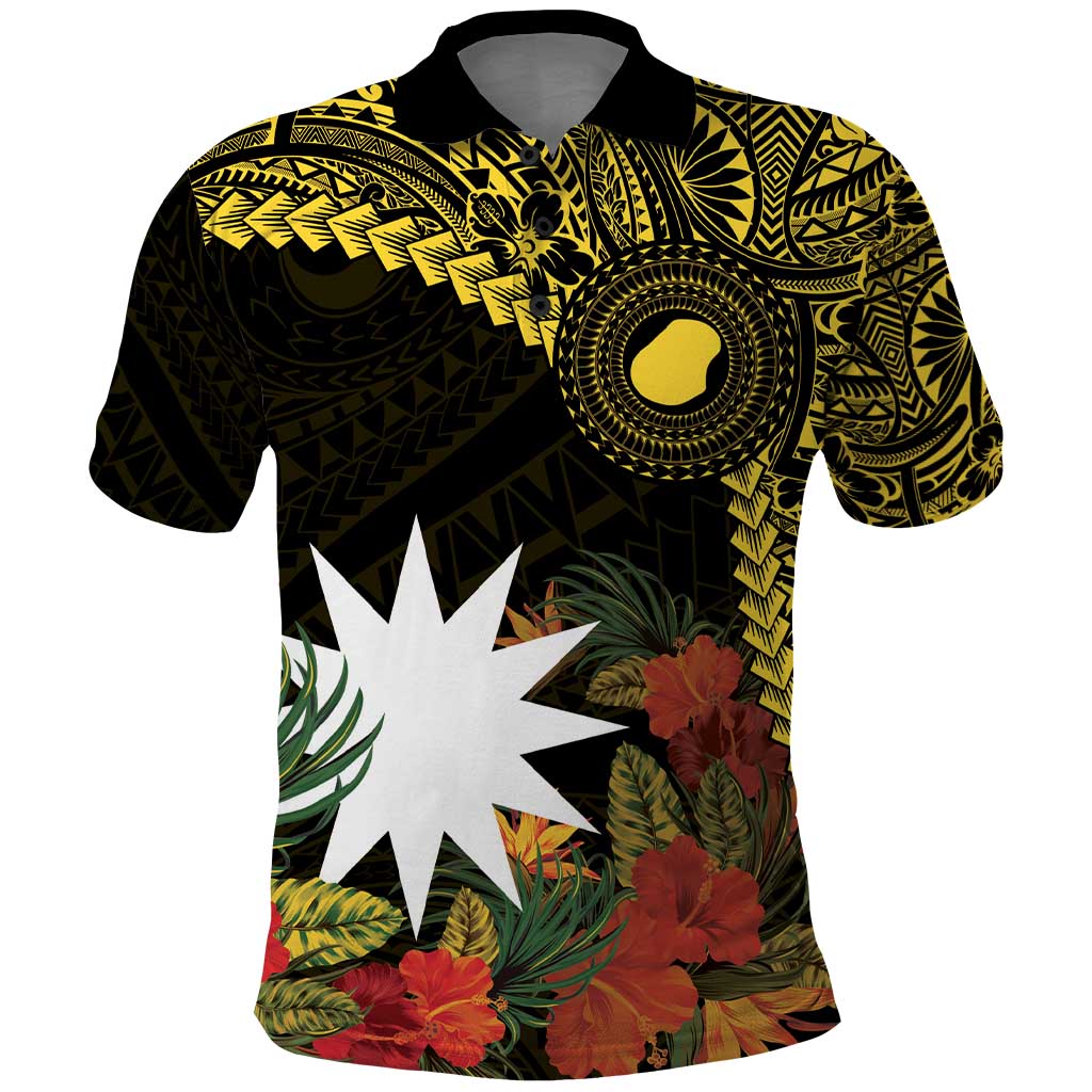 Gold Nauru Polo Shirt Naoero Map With Polynesian Tropical Flowers LT14 Gold - Polynesian Pride