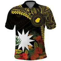 Gold Nauru Polo Shirt Naoero Map With Polynesian Tropical Flowers LT14 Gold - Polynesian Pride