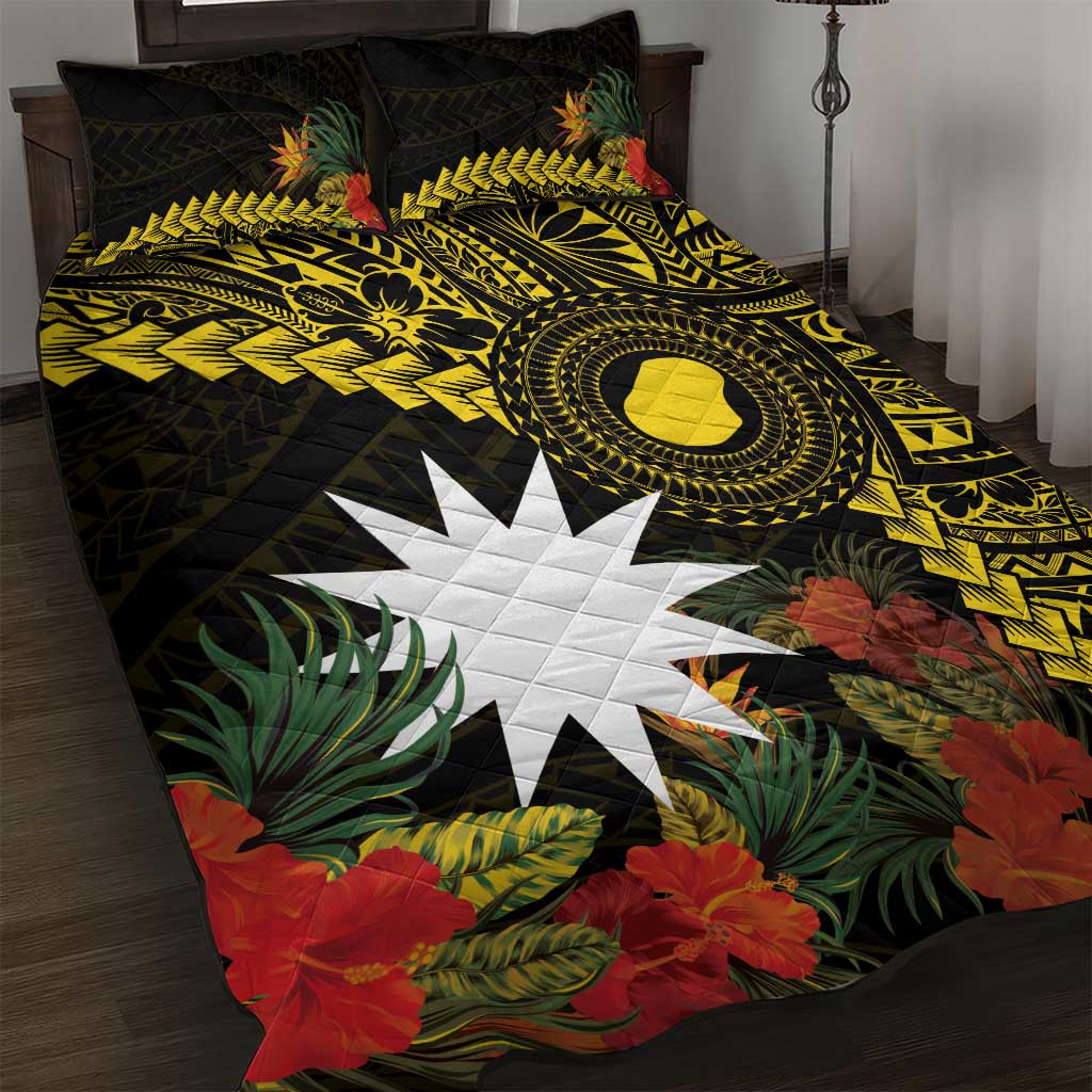 Gold Nauru Quilt Bed Set Naoero Map With Polynesian Tropical Flowers LT14 Gold - Polynesian Pride
