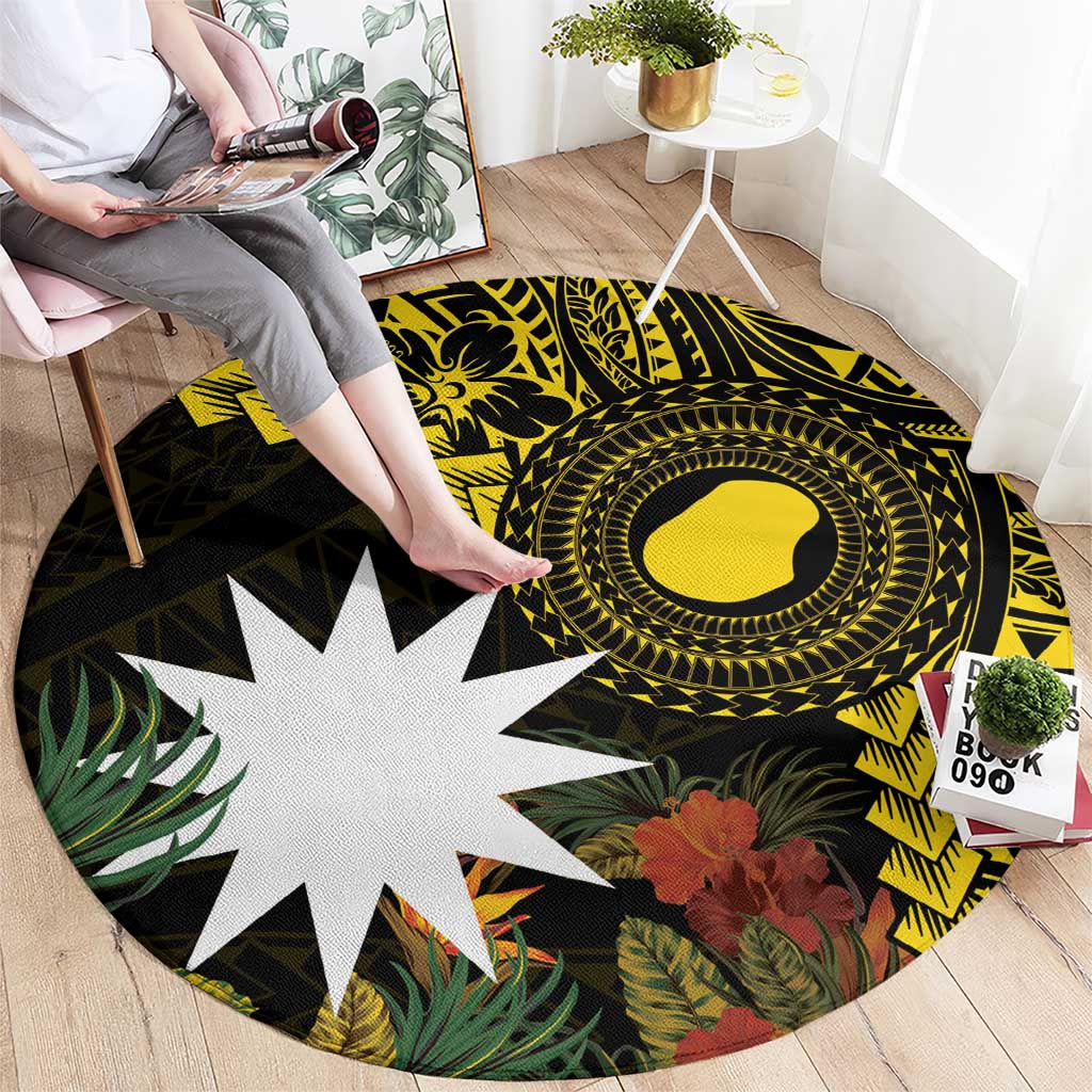 Gold Nauru Round Carpet Naoero Map With Polynesian Tropical Flowers