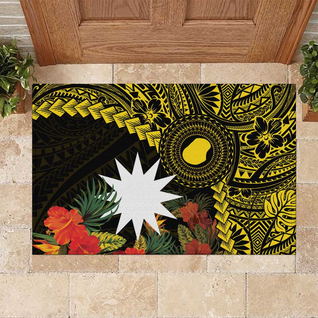 Gold Nauru Rubber Doormat Naoero Map With Polynesian Tropical Flowers LT14 Gold - Polynesian Pride