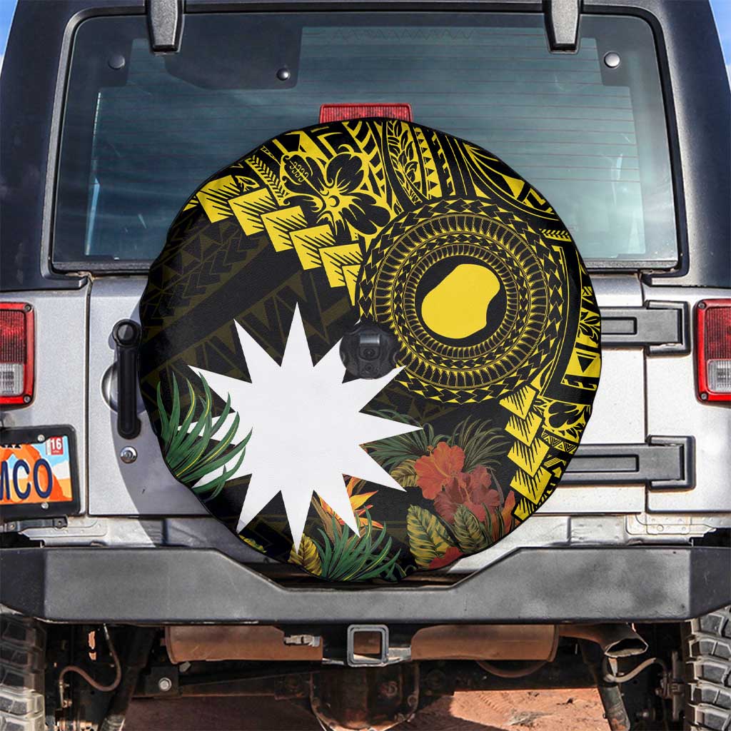 Gold Nauru Spare Tire Cover Naoero Map With Polynesian Tropical Flowers LT14 Gold - Polynesian Pride