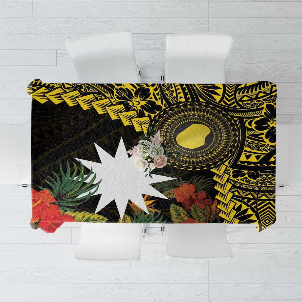 Gold Nauru Tablecloth Naoero Map With Polynesian Tropical Flowers LT14 Gold - Polynesian Pride