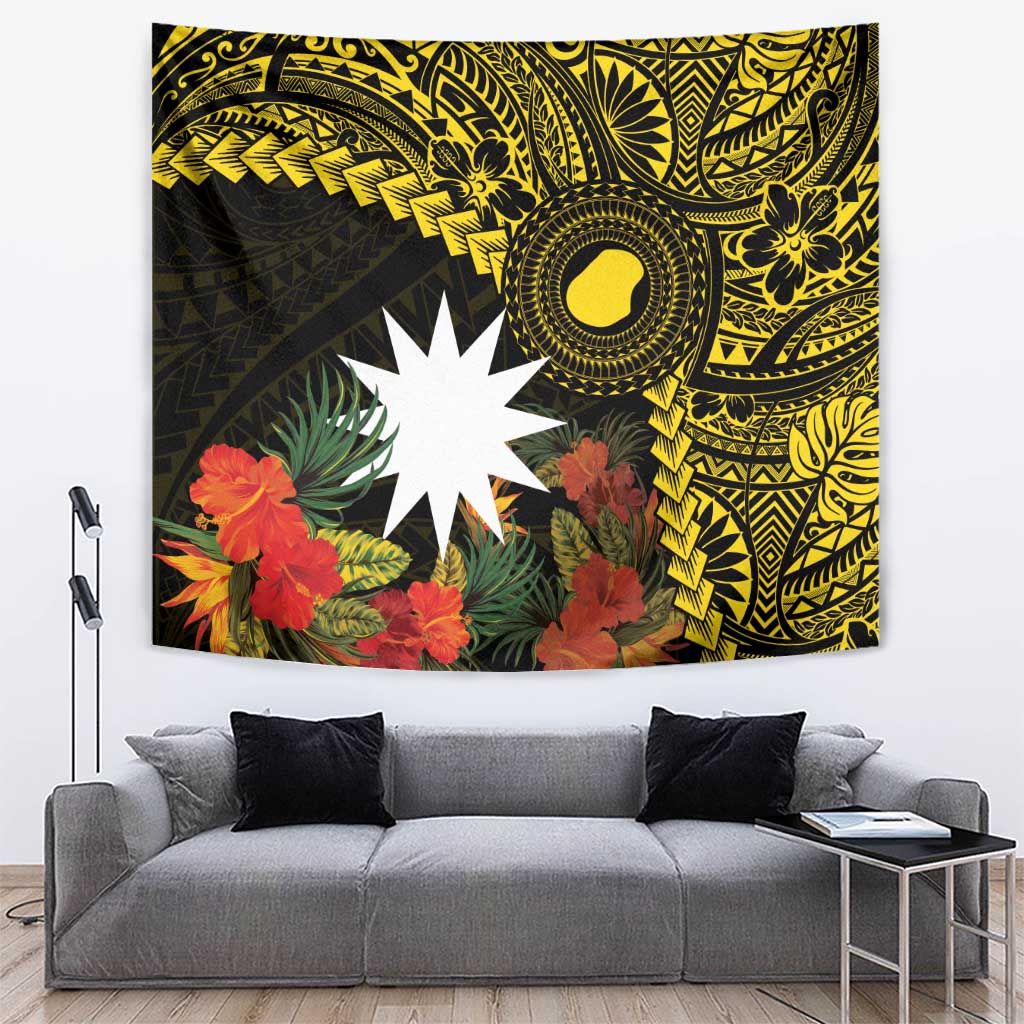 Gold Nauru Tapestry Naoero Map With Polynesian Tropical Flowers LT14 Gold - Polynesian Pride