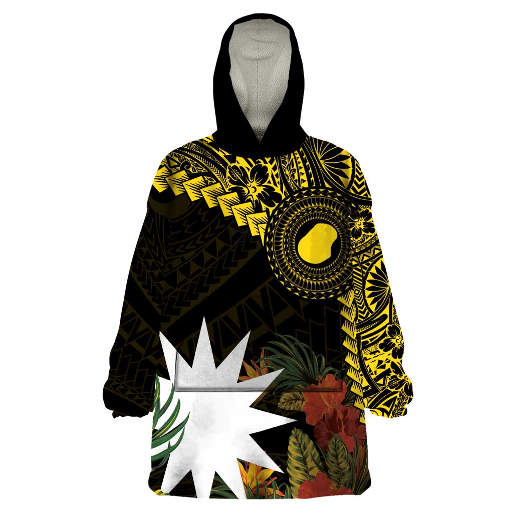 Gold Nauru Wearable Blanket Hoodie Naoero Map With Polynesian Tropical Flowers LT14 One Size Gold - Polynesian Pride