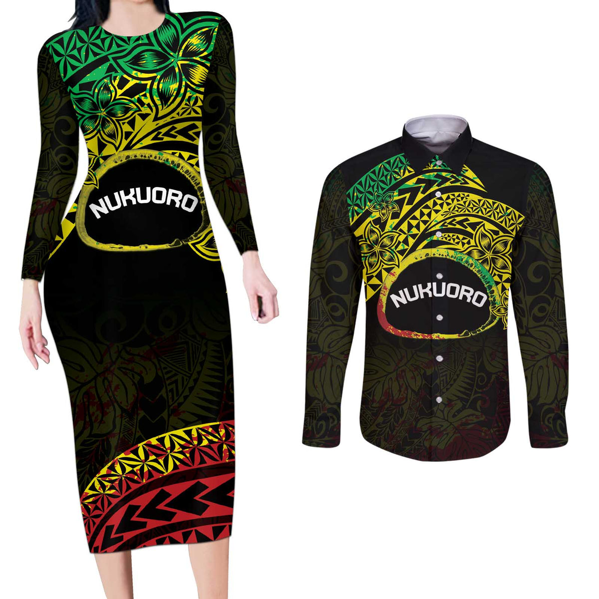 Personalised Nukuoro Atoll Couples Matching Long Sleeve Bodycon Dress and Long Sleeve Button Shirt Polynesian Tattoo Curves Reggae Version
