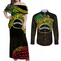 Personalised Nukuoro Atoll Couples Matching Off Shoulder Maxi Dress and Long Sleeve Button Shirt Polynesian Tattoo Curves Reggae Version