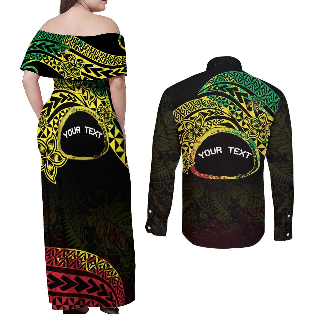 Personalised Nukuoro Atoll Couples Matching Off Shoulder Maxi Dress and Long Sleeve Button Shirt Polynesian Tattoo Curves Reggae Version