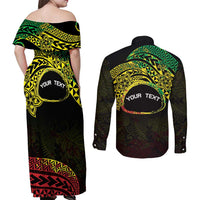 Personalised Nukuoro Atoll Couples Matching Off Shoulder Maxi Dress and Long Sleeve Button Shirt Polynesian Tattoo Curves Reggae Version