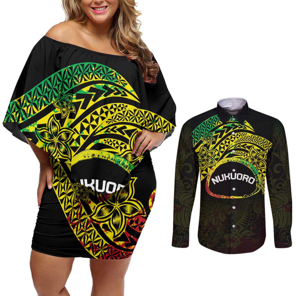 Personalised Nukuoro Atoll Couples Matching Off Shoulder Short Dress and Long Sleeve Button Shirt Polynesian Tattoo Curves Reggae Version