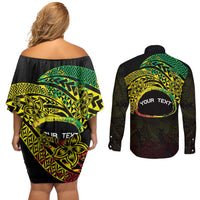 Personalised Nukuoro Atoll Couples Matching Off Shoulder Short Dress and Long Sleeve Button Shirt Polynesian Tattoo Curves Reggae Version